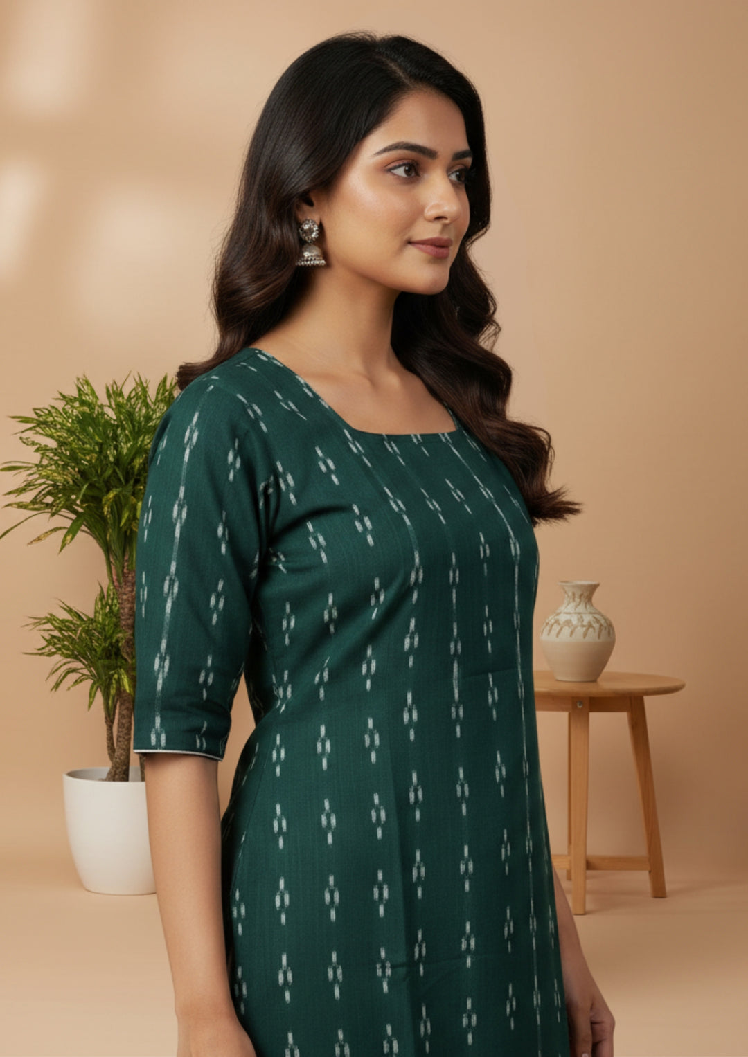Sambalpuri Women's Kurti - Forest Green Classic Design Ikkat Kurti