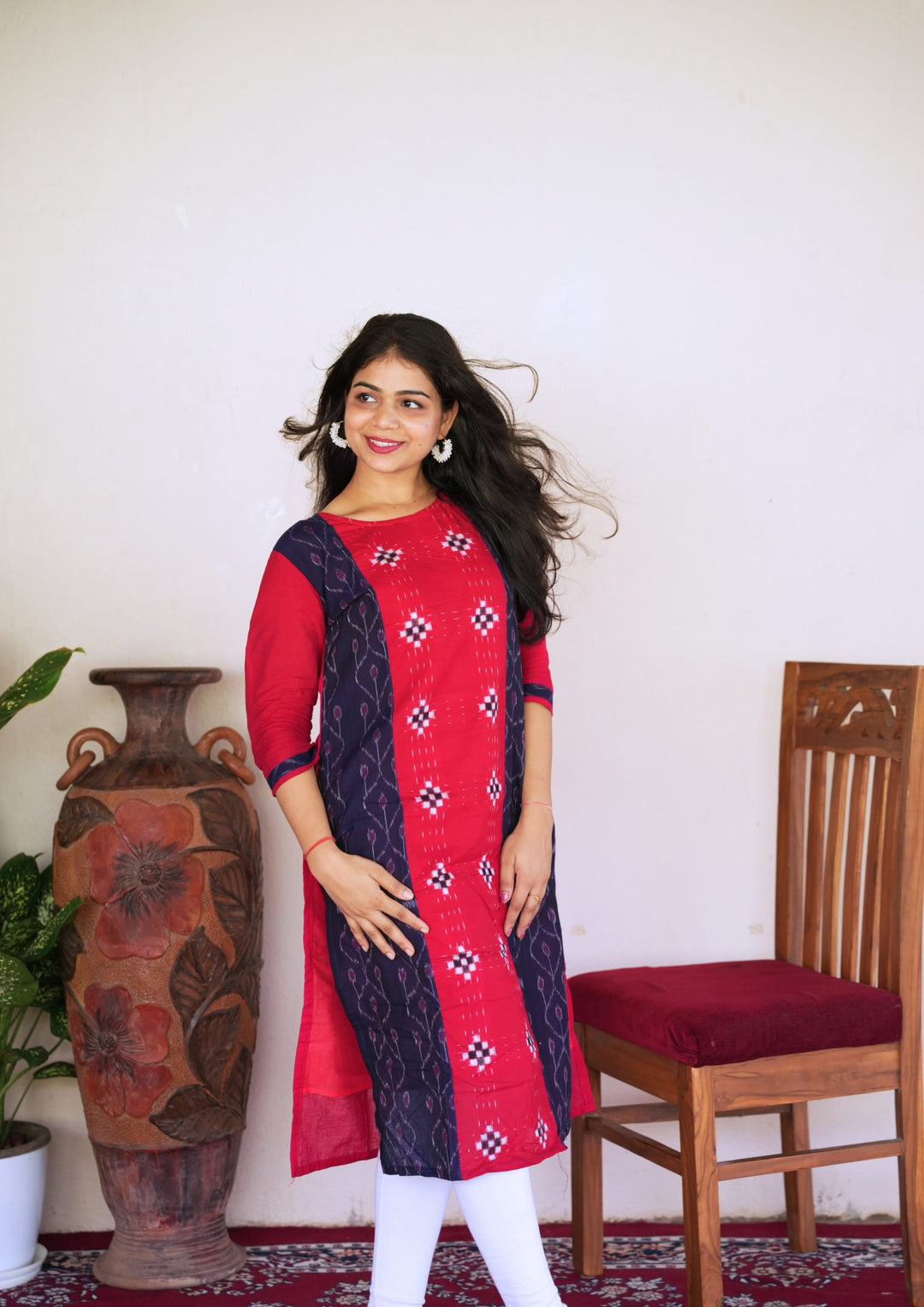 Sambalpuri Women's Kurti - Hand-woven Cotton Straight Kurta in Red & Blue