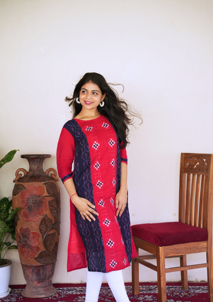 Sambalpuri Women's Kurti - Hand-woven Cotton Straight Kurta in Red & Blue