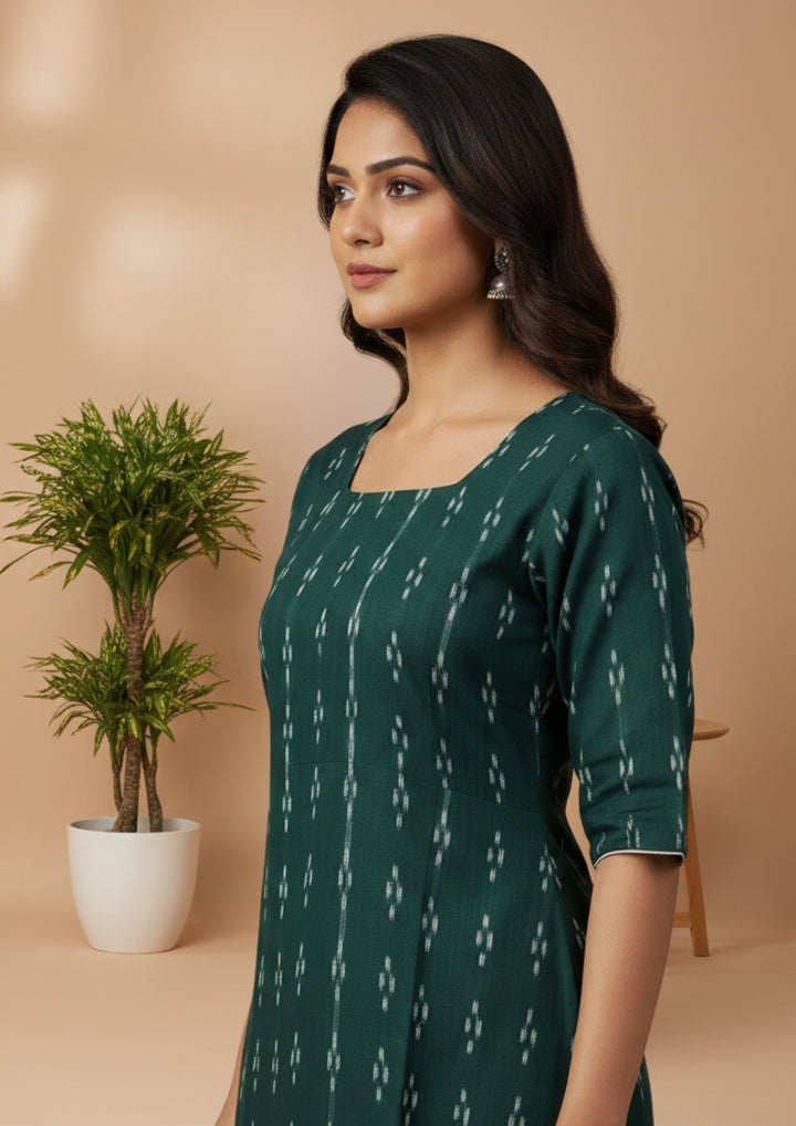 Sambalpuri Women's Kurti - Forest Green Classic Design Ikkat Kurti