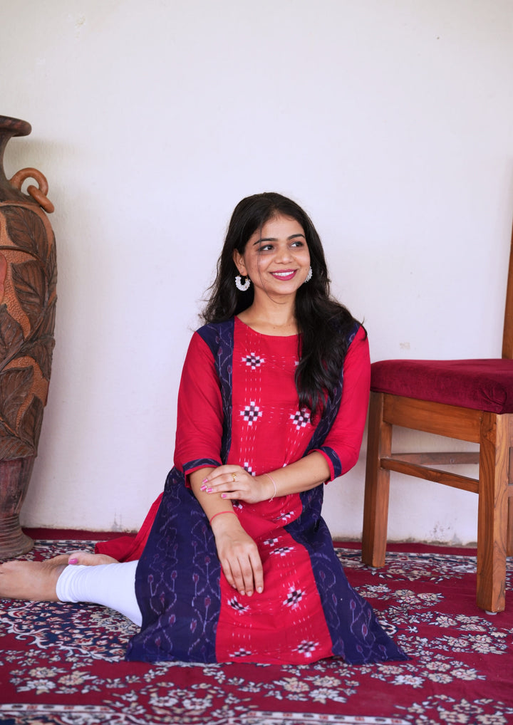 Sambalpuri Women's Kurti - Hand-woven Cotton Straight Kurta in Red & Blue