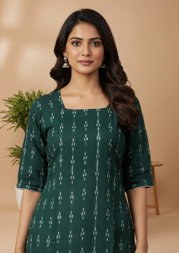 Sambalpuri Women's Kurti - Forest Green Classic Design Ikkat Kurti