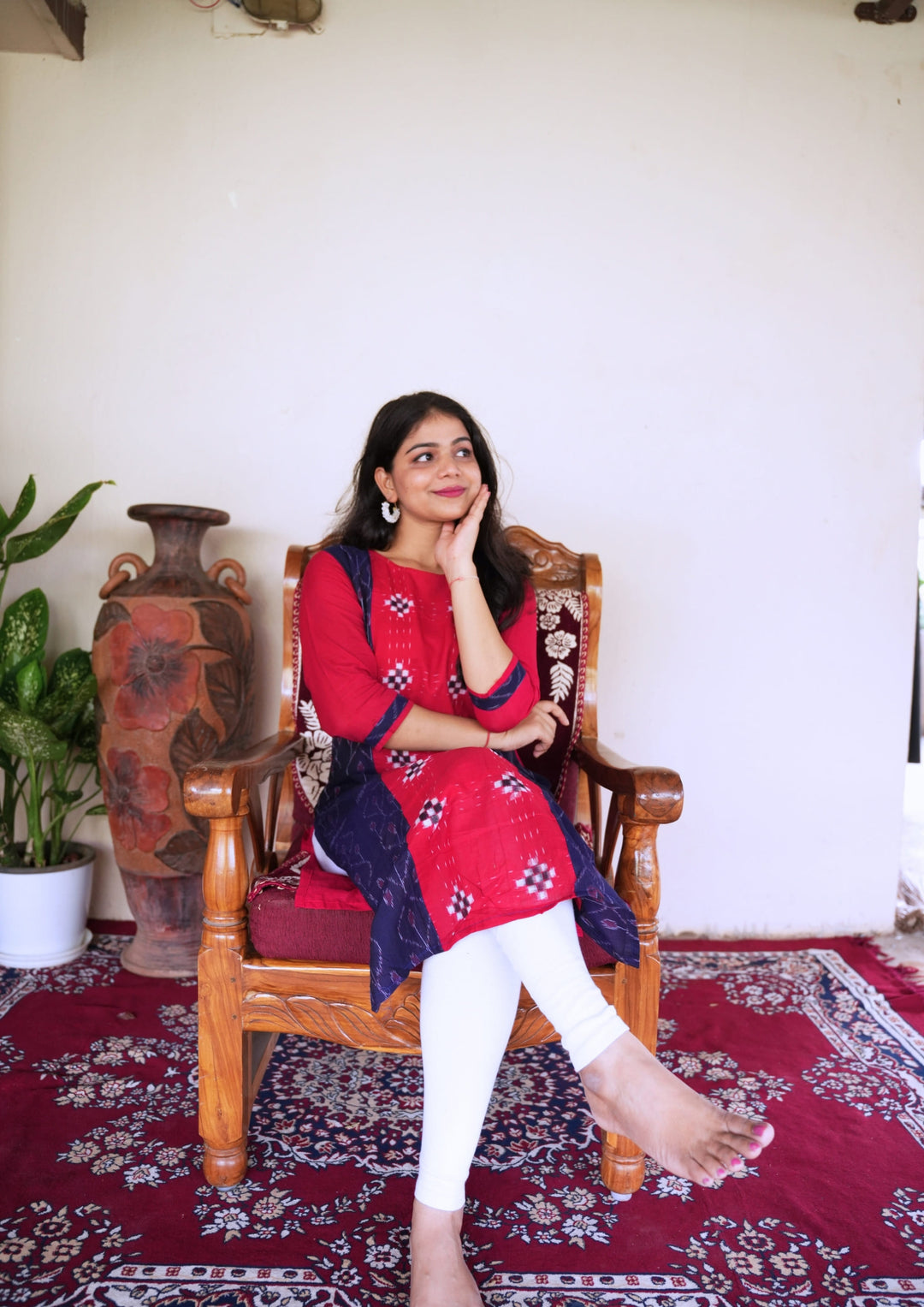 Sambalpuri Women's Kurti - Hand-woven Cotton Straight Kurta in Red & Blue