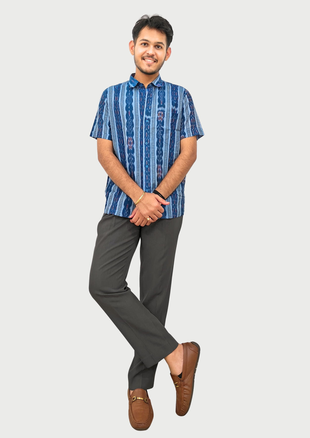 Sambalpuri Men’s Shirt – Ikat Vertical Stripe Motif, Sky Blue Base with Navy & Pink Highlights