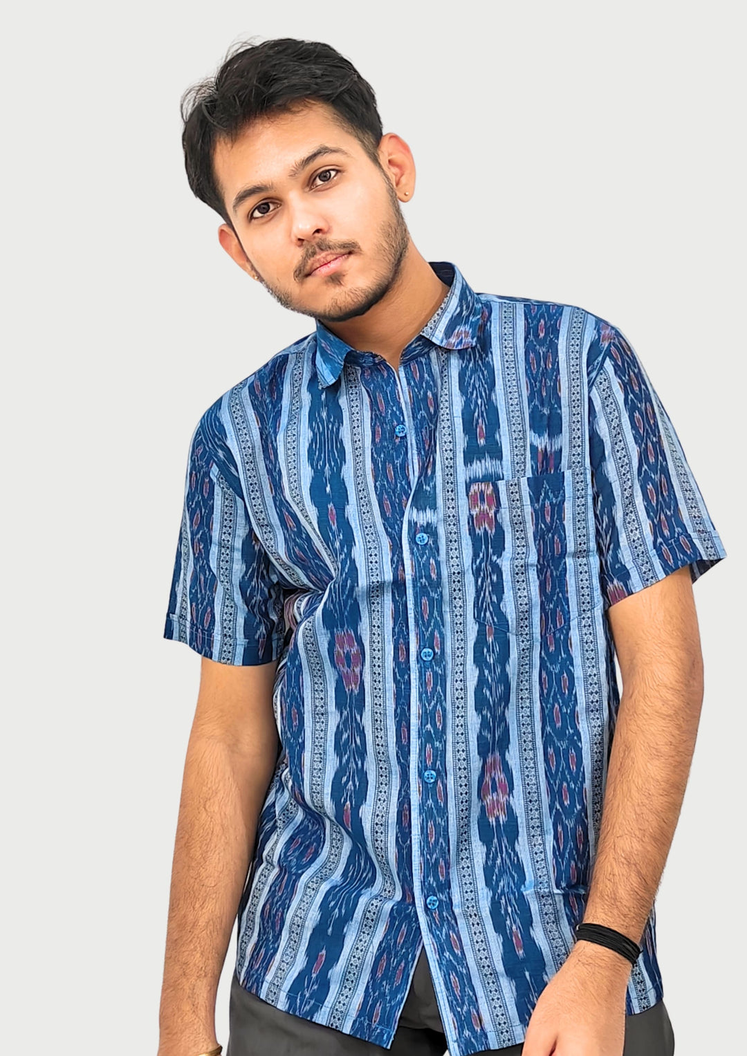 Sambalpuri Men’s Shirt – Ikat Vertical Stripe Motif, Sky Blue Base with Navy & Pink Highlights