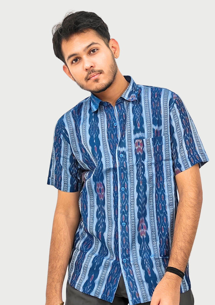 Sambalpuri Men’s Shirt – Ikat Vertical Stripe Motif, Sky Blue Base with Navy & Pink Highlights
