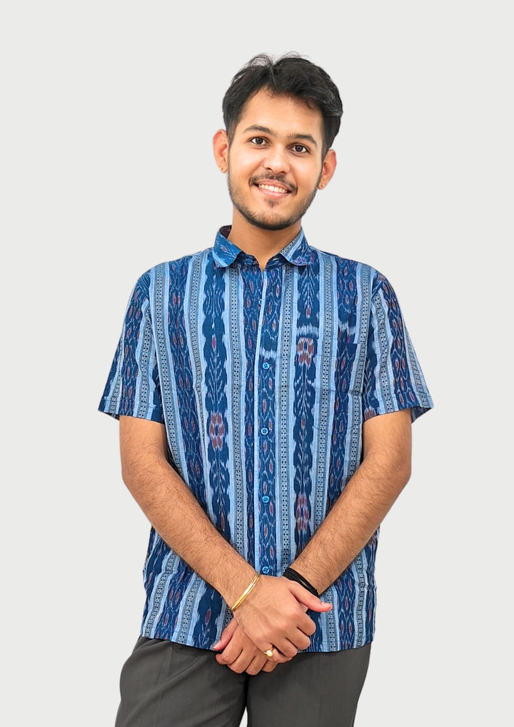 Sambalpuri Men’s Shirt – Ikat Vertical Stripe Motif, Sky Blue Base with Navy & Pink Highlights