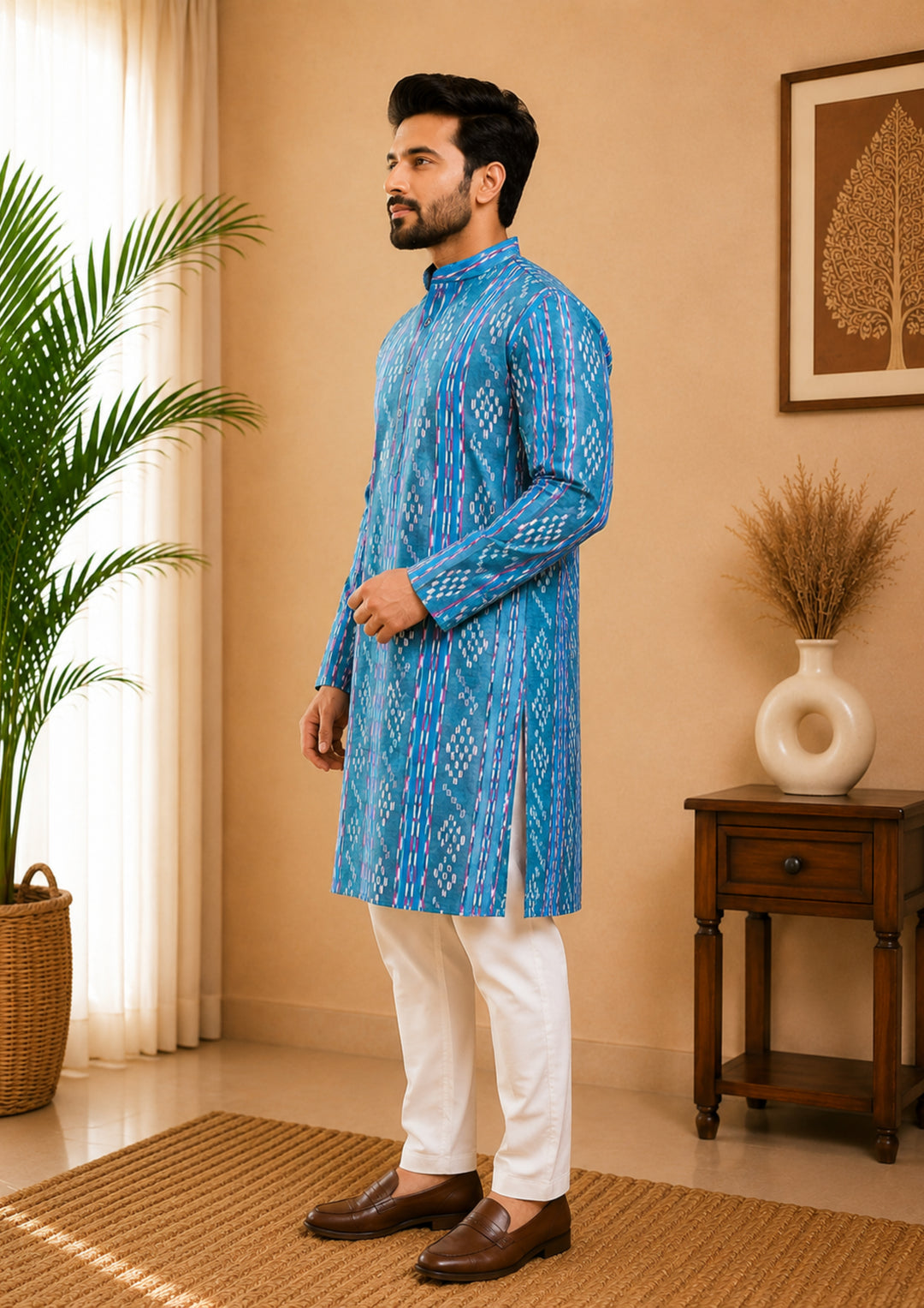 Sambalpuri Men's Long Kurta - Classic Blue Heritage Kurta