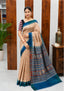Elegant Sambalpuri Handloom Cotton Saree in Beige & Teal Blue