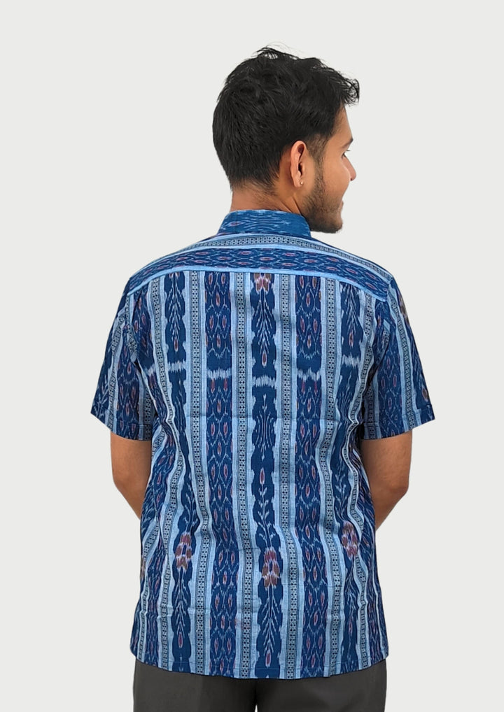 Sambalpuri Men’s Shirt – Ikat Vertical Stripe Motif, Sky Blue Base with Navy & Pink Highlights