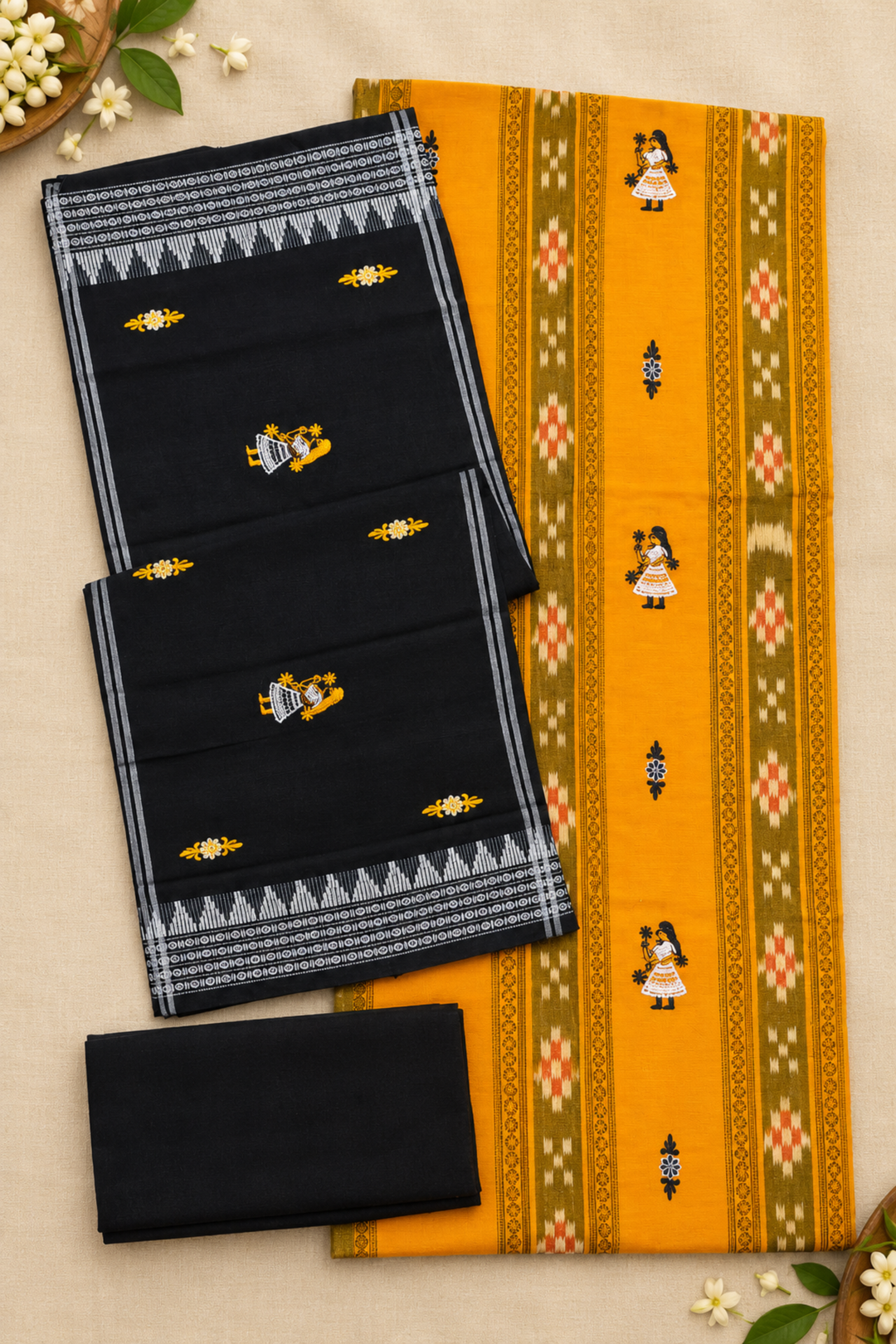 Women's Sambalpuri Cotton Unstitched Suit Material – Mustard Top, Black Bottom & Dupatta
