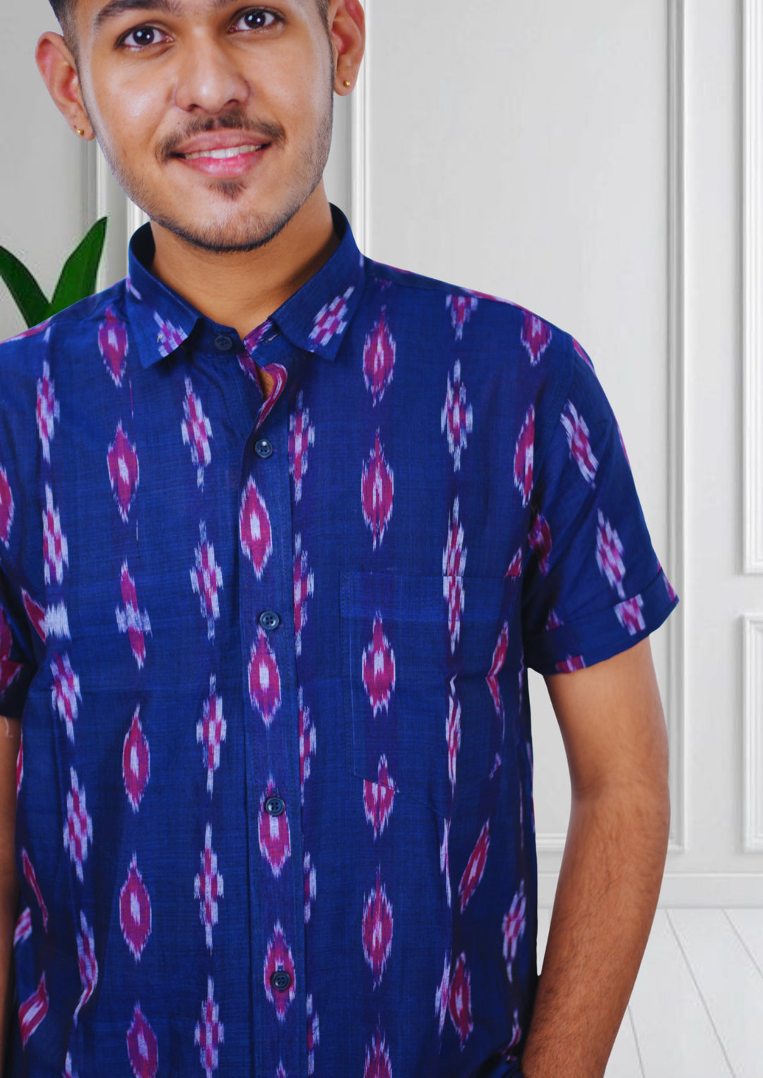 Sambalpuri Men’s Shirt – Ikat Diamond Motif, Navy Blue Base with Pink & White Highlights