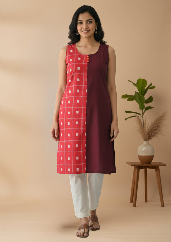 Wovio Modern Dual-Tone Ikat Dress - Red & Maroon Panel Design with Square Motif Pattern