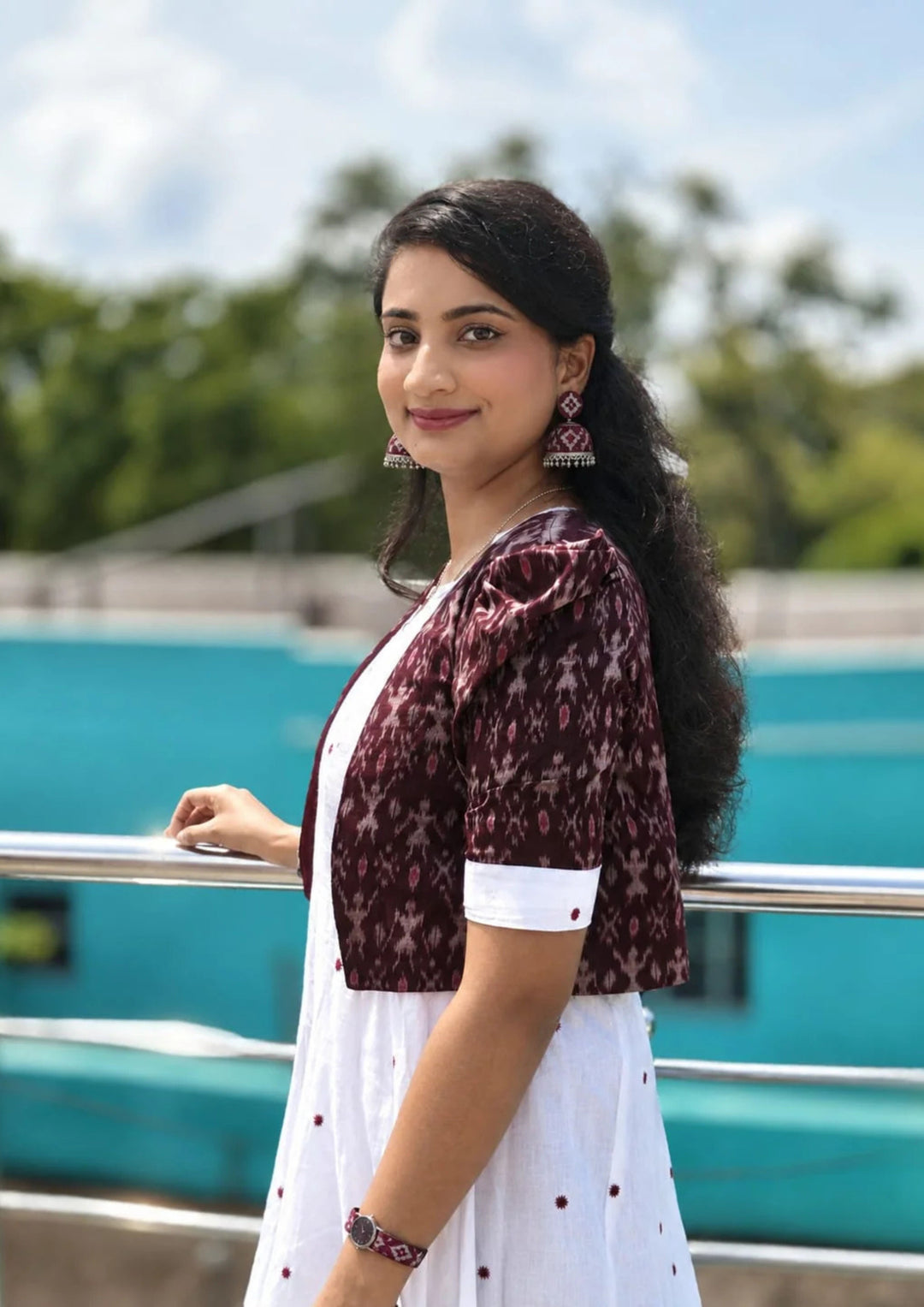Women’s Pure Handloom Sambalpuri Cotton Jacket with Designer White Butty Flared Frock