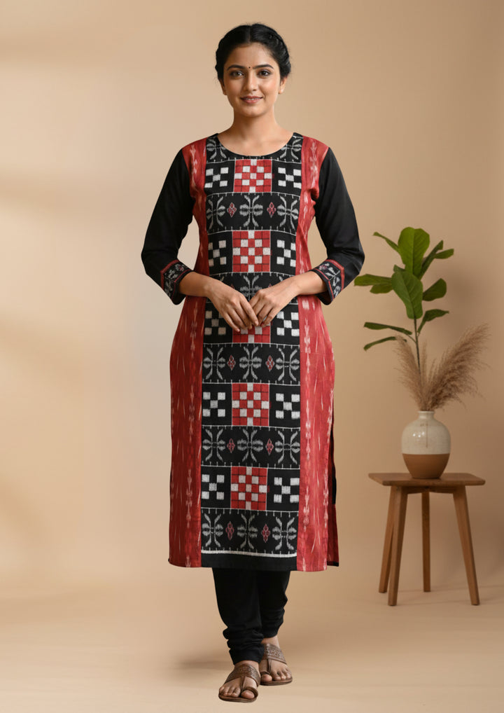 Sambalpuri Hand Woven Women's Straight Kurti in Black and Maroon