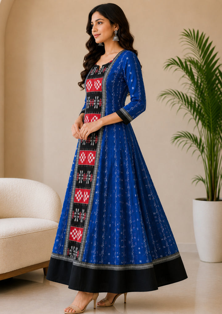 Sambalpuri Long Gown – Royal Blue & Black Ikat Designer Dress