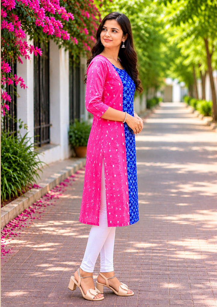 Sambalpuri Women's Kurti - Pink Cotton Kurti with Contrast Black Printed Yoke Panel