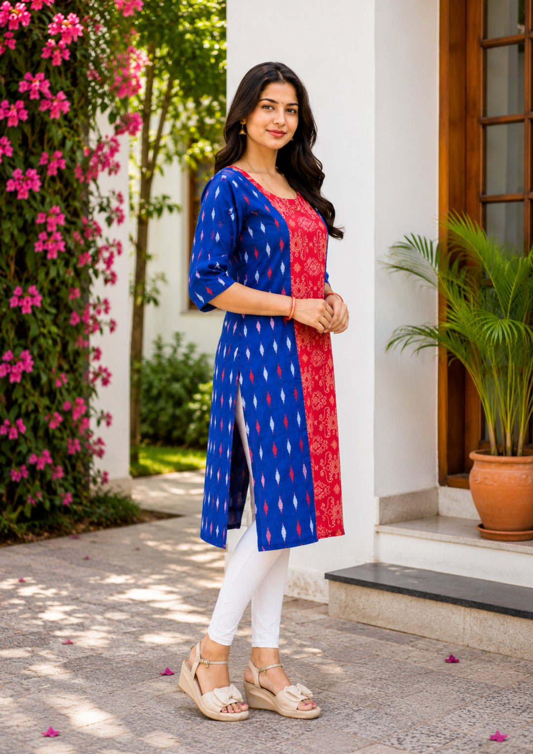 Sambalpuri Women's Kurti - Royal Blue & Crimson Ikat Elegance Kurti