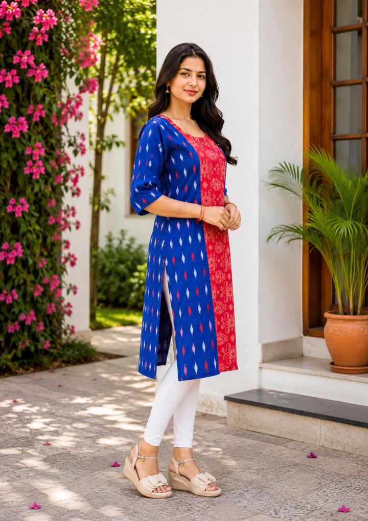 Sambalpuri Women's Kurti - Royal Blue & Crimson Ikat Elegance Kurti