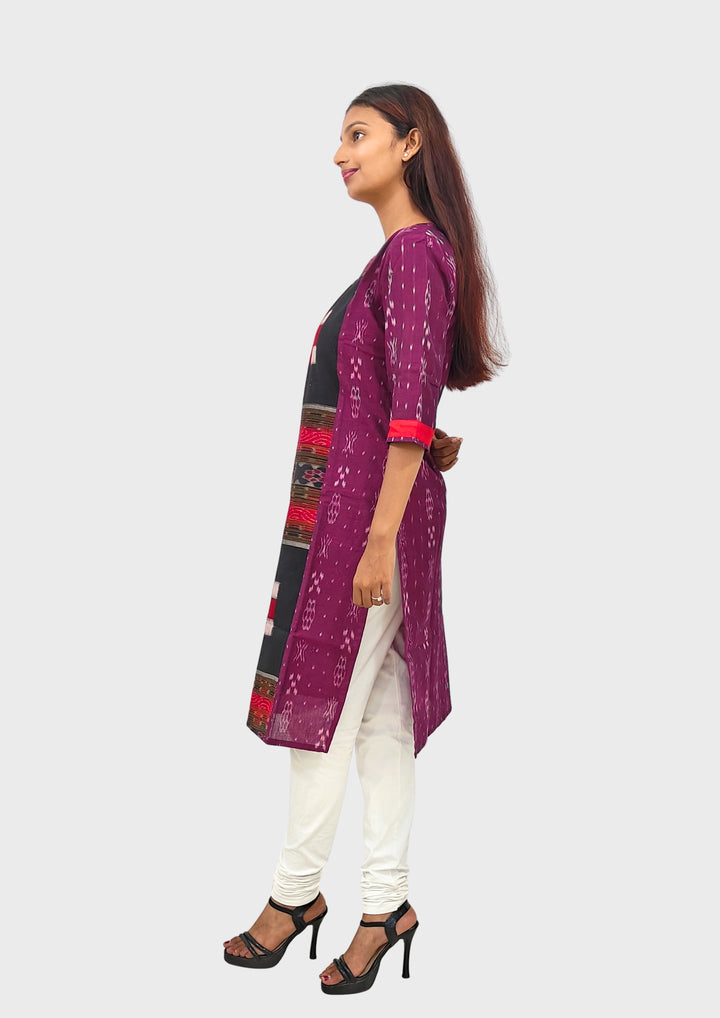Sambalpuri Women's Kurti – Maroon with Black, Red, and White Pasapali Ikat Motif