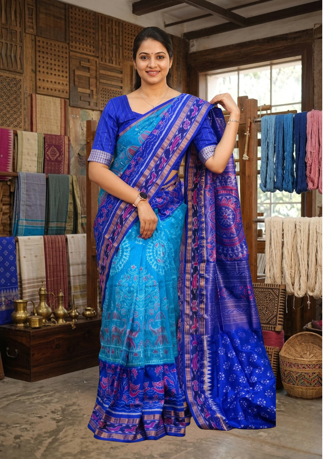 Handwoven Royal Blue Sambalpuri Patta Saree with Sky Blue Accents