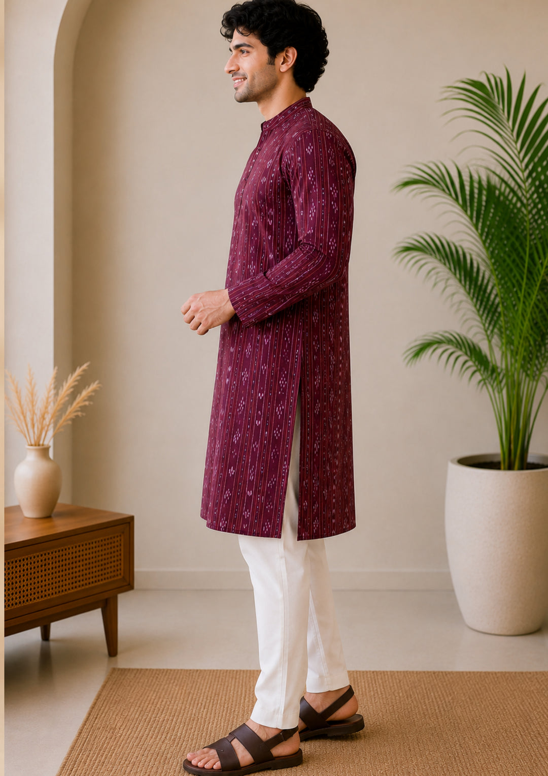 Men’s Long Kurta – Ikat Diamond Motif, Maroon Base with White & Pink