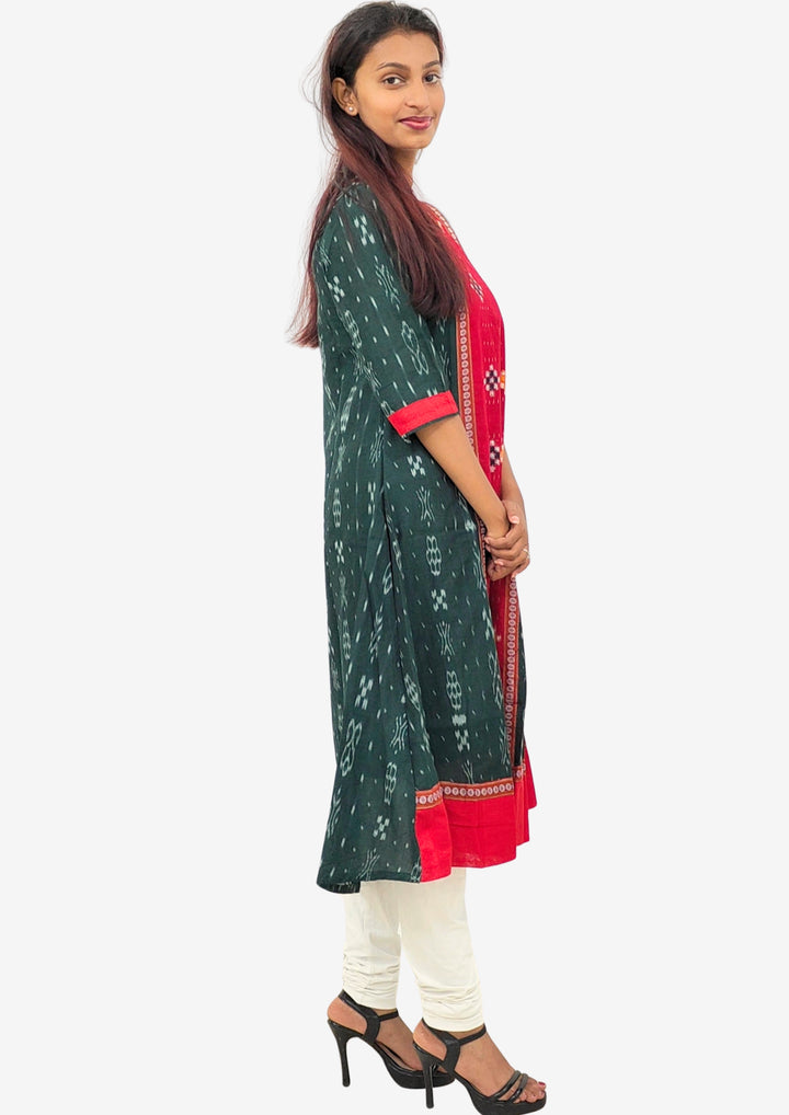 Sambalpuri Women’s Gown– Dark Green with Red Ikat Panel and Multicolor Floral Motif