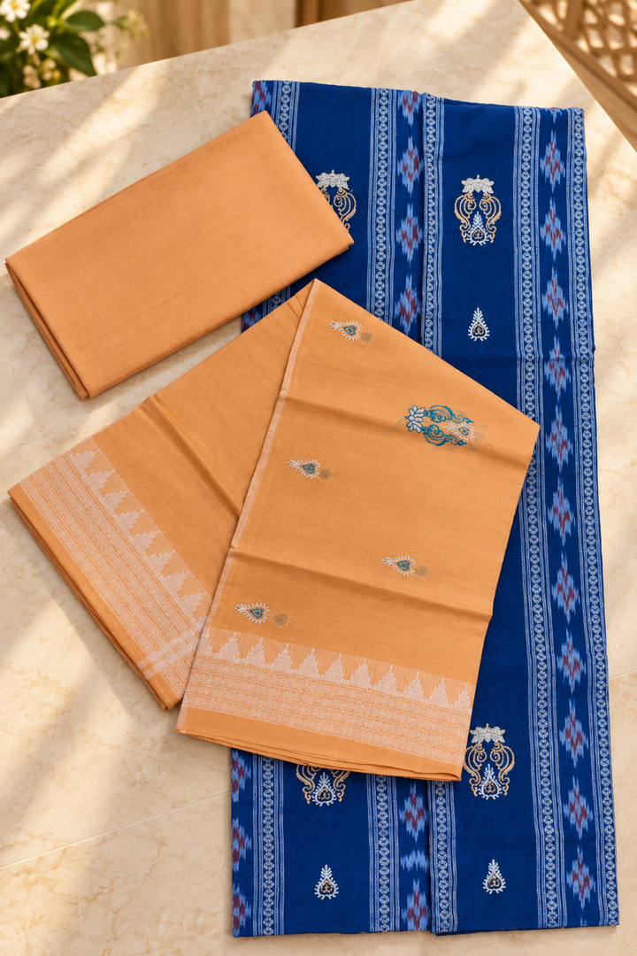 Women's Sambalpuri Peach & Royal Blue Unstitched Suit Material with Dupatta