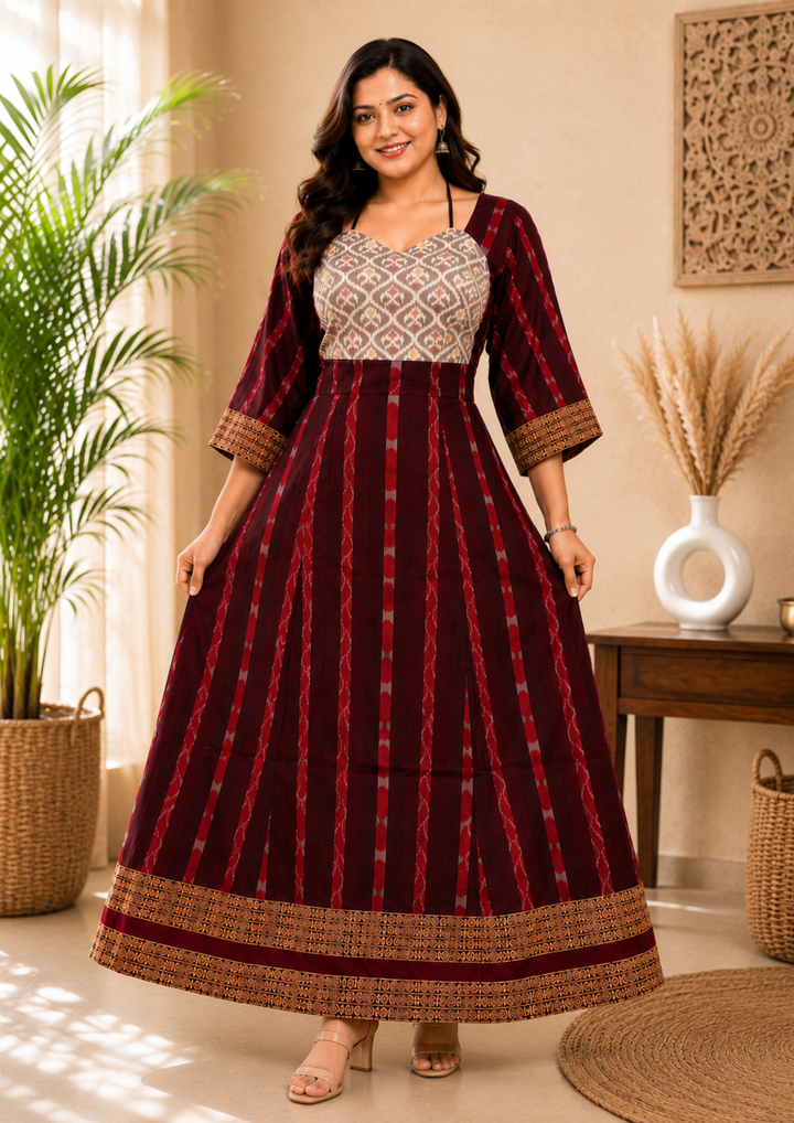 Sambalpuri Designer Flared Maroon Gown Sweetheart Neck with Black Tie Strap