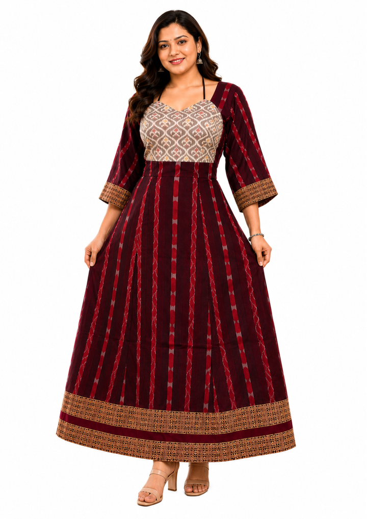 Sambalpuri Designer Flared Maroon Gown Sweetheart Neck with Black Tie Strap