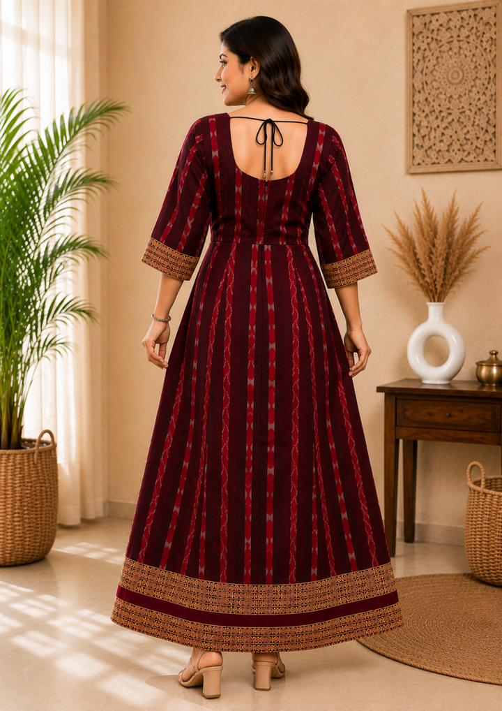 Sambalpuri Designer Flared Maroon Gown Sweetheart Neck with Black Tie Strap