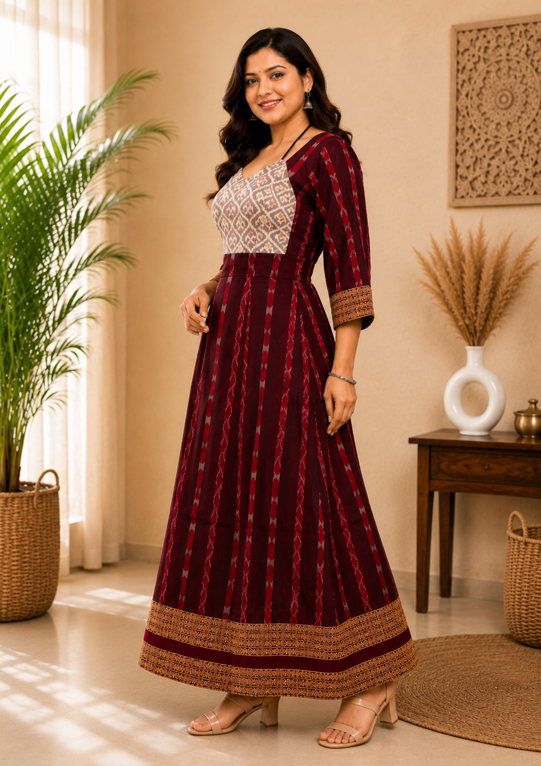 Sambalpuri Designer Flared Maroon Gown Sweetheart Neck with Black Tie Strap