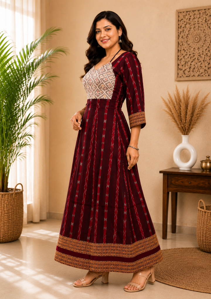 Sambalpuri Designer Flared Maroon Gown Sweetheart Neck with Black Tie Strap