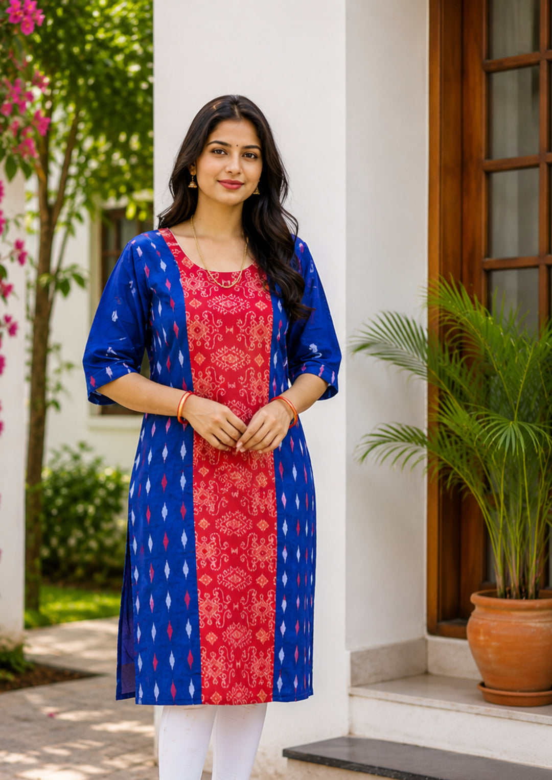 Sambalpuri Women's Kurti - Royal Blue & Crimson Ikat Elegance Kurti