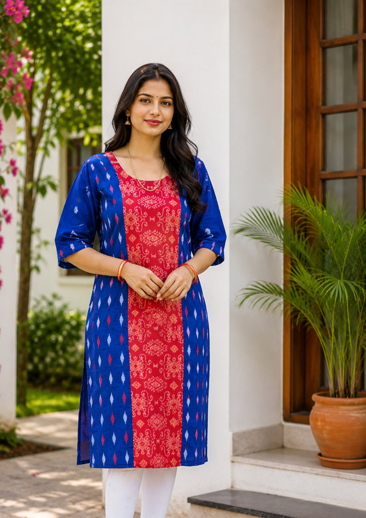 Sambalpuri Women's Kurti - Royal Blue & Crimson Ikat Elegance Kurti