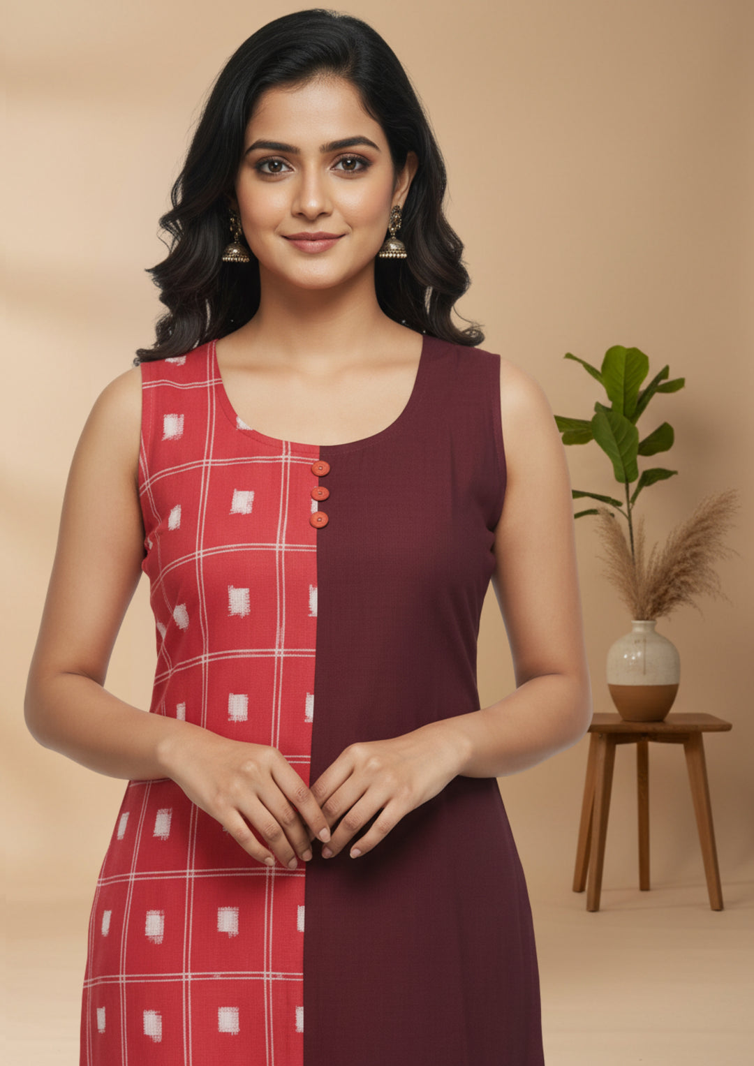 Wovio Modern Dual-Tone Ikat Dress - Red & Maroon Panel Design with Square Motif Pattern