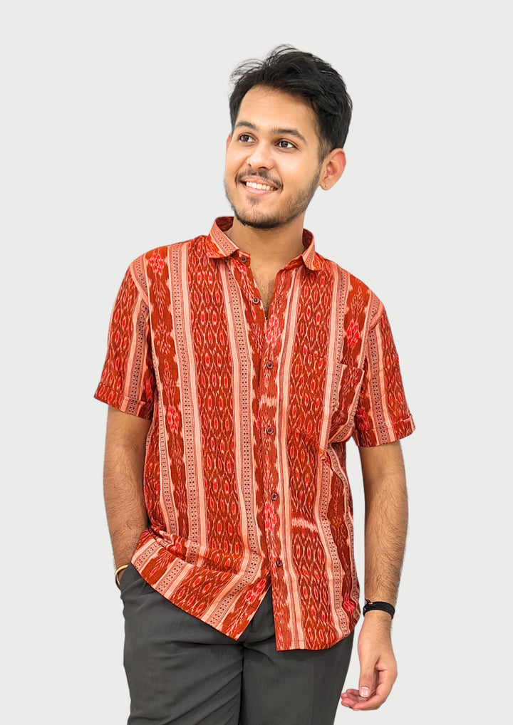 Sambalpuri Men’s Shirt – Ikat Vertical Stripe Motif, Rust Orange Base with Red & White Highlights