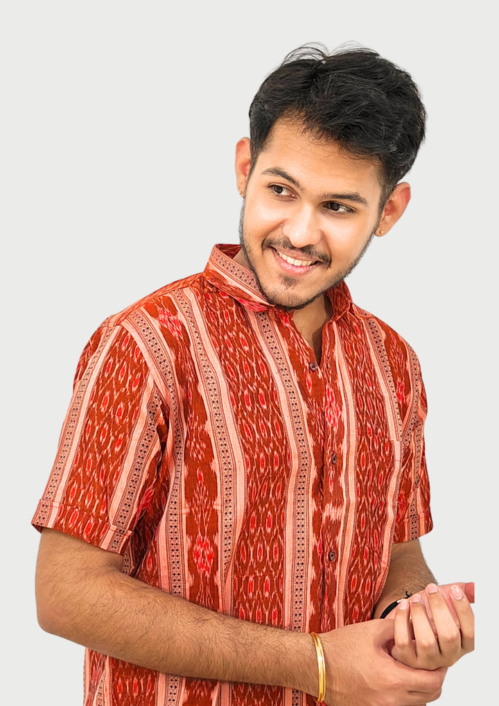 Sambalpuri Men’s Shirt – Ikat Vertical Stripe Motif, Rust Orange Base with Red & White Highlights