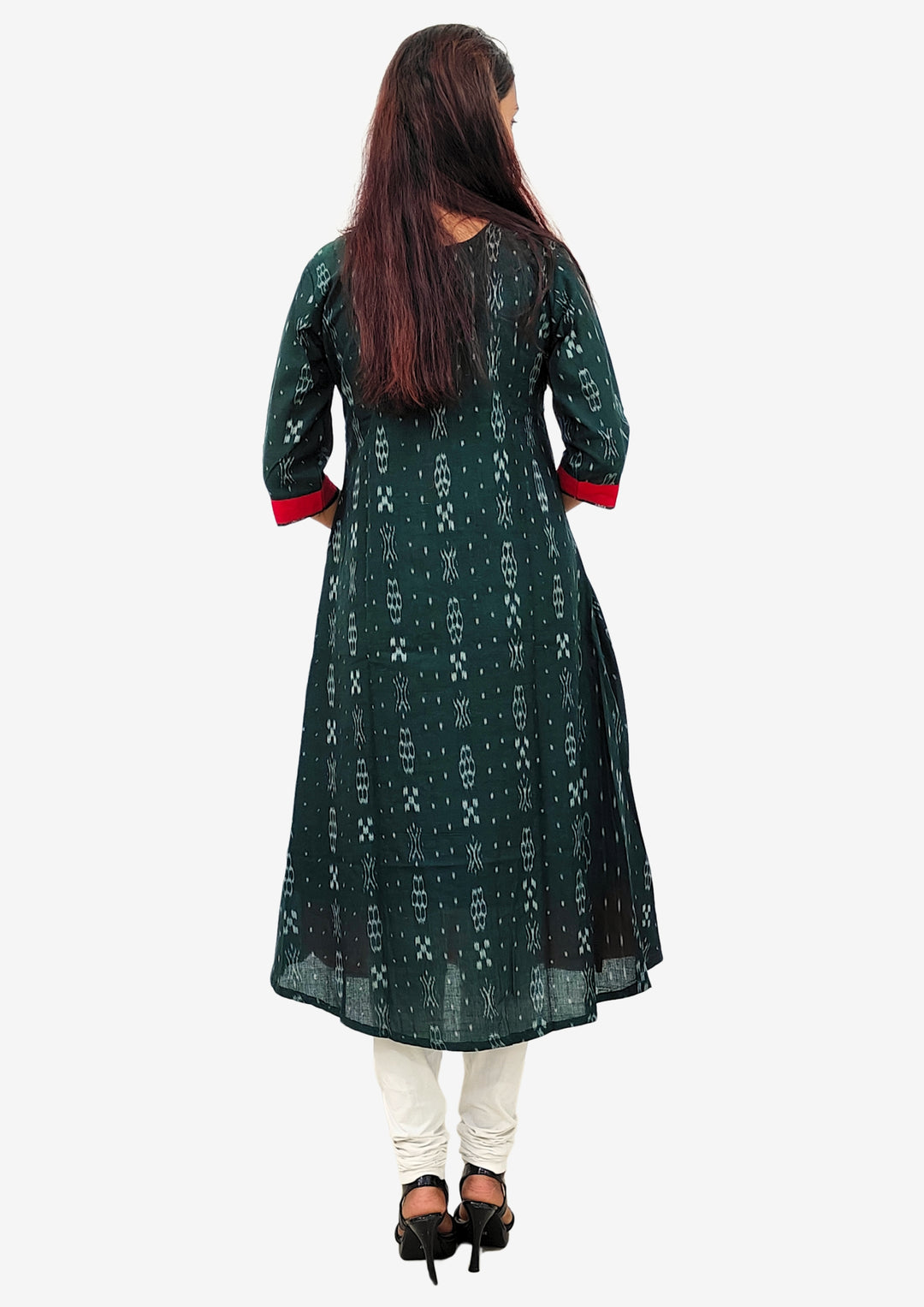 Sambalpuri Women’s Gown– Dark Green with Red Ikat Panel and Multicolor Floral Motif