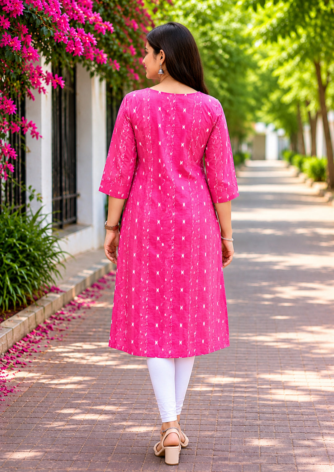 Sambalpuri Women's Kurti - Pink Cotton Kurti with Contrast Black Printed Yoke Panel