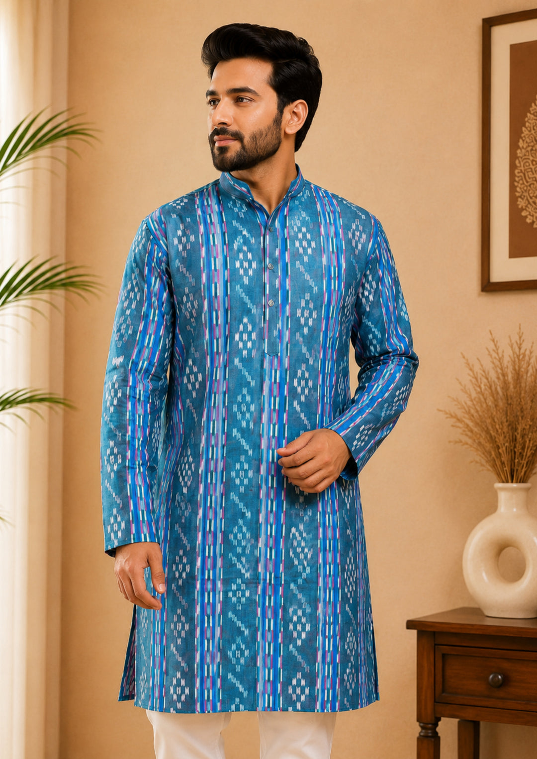 Sambalpuri Men's Long Kurta - Classic Blue Heritage Kurta