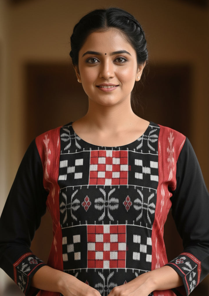 Sambalpuri Hand Woven Women's Straight Kurti in Black and Maroon