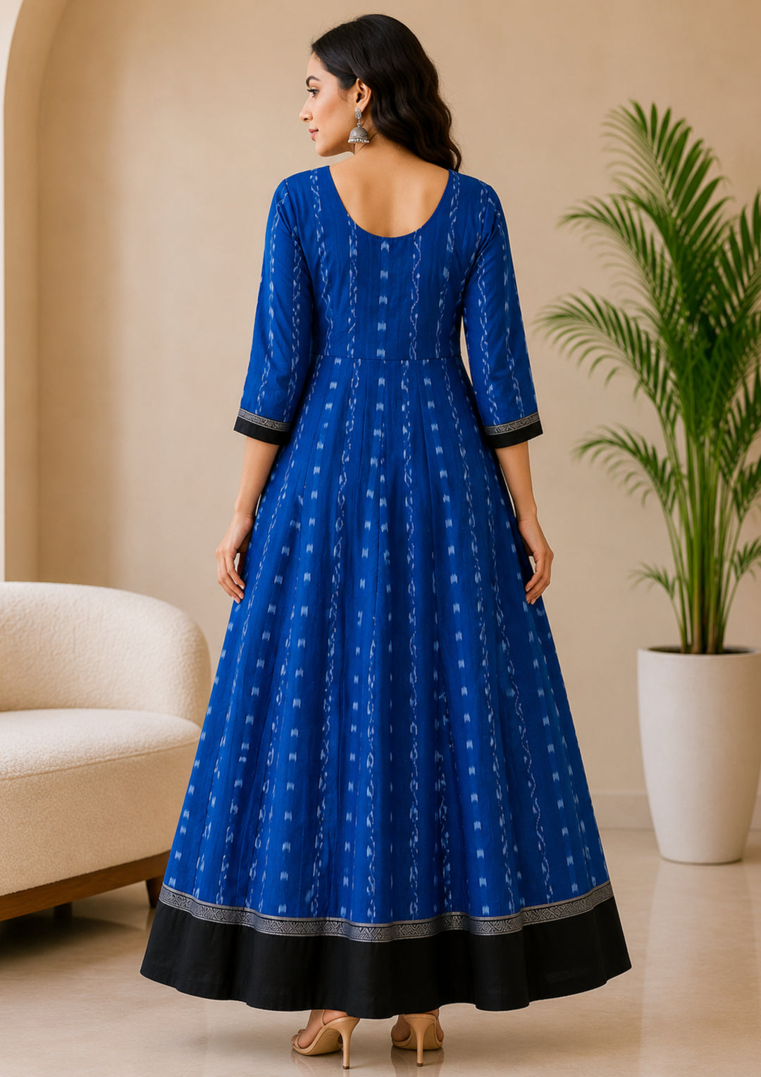 Sambalpuri Long Gown – Royal Blue & Black Ikat Designer Dress