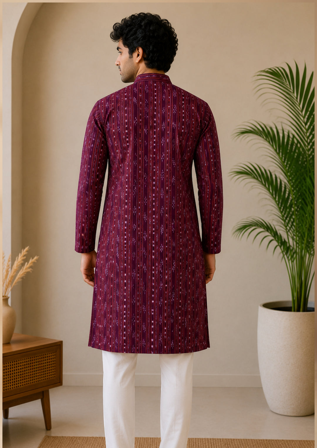Men’s Long Kurta – Ikat Diamond Motif, Maroon Base with White & Pink