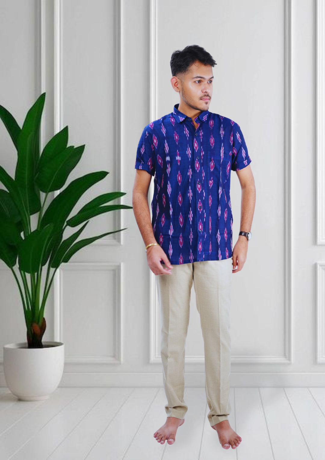 Sambalpuri Men’s Shirt – Ikat Diamond Motif, Navy Blue Base with Pink & White Highlights