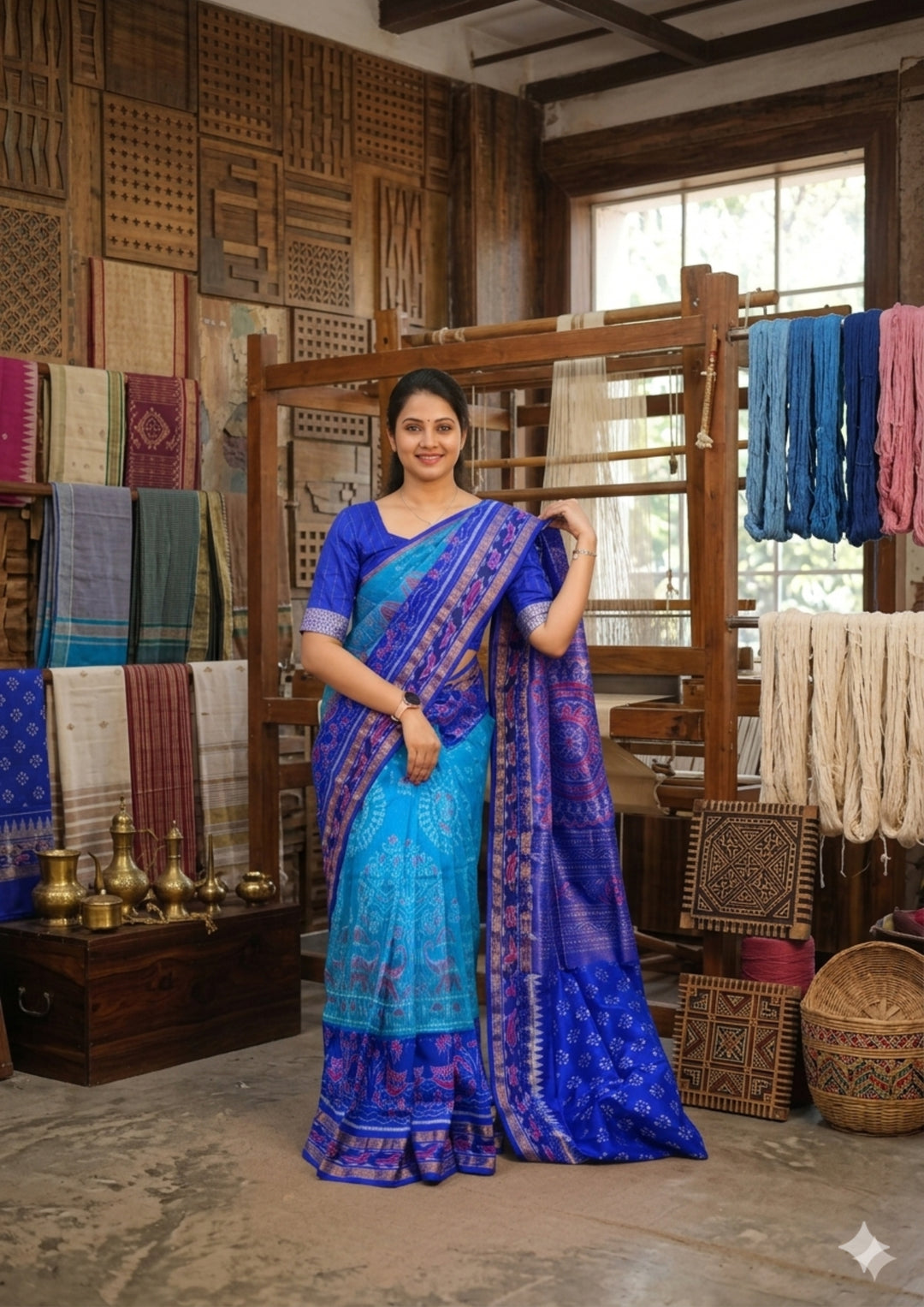 Handwoven Royal Blue Sambalpuri Patta Saree with Sky Blue Accents