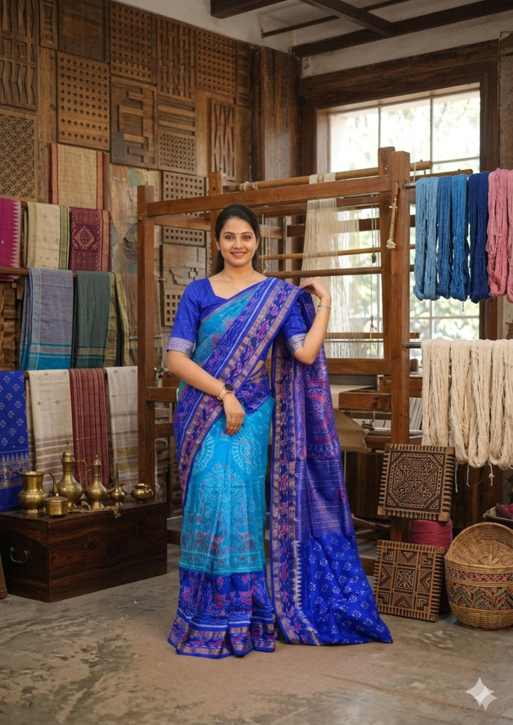 Handwoven Royal Blue Sambalpuri Patta Saree with Sky Blue Accents