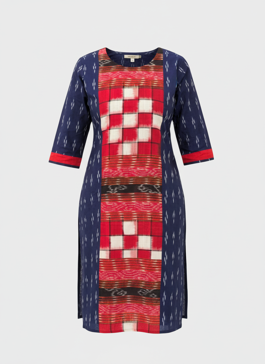 Sambalpuri Women's Kurti – Navy Blue with Red and White Pasapali Ikat Motif