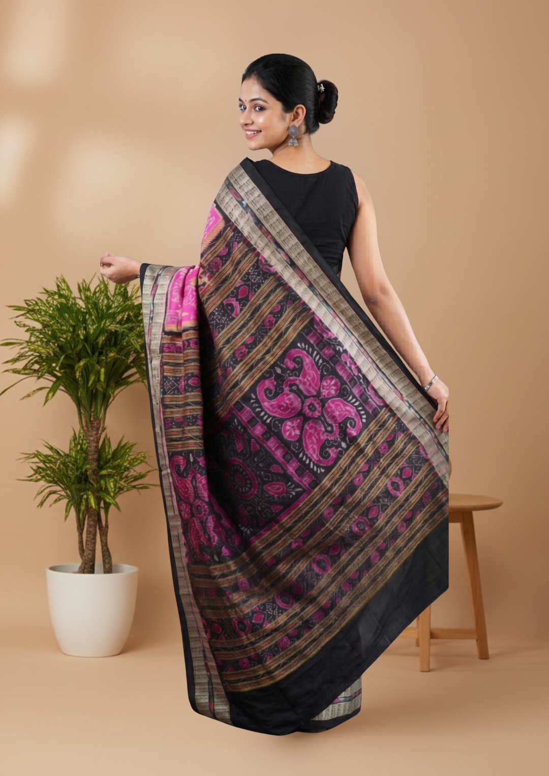 Handwoven Pink and Black Sambalpuri Ikkat Patta Saree with Peacock Motifs