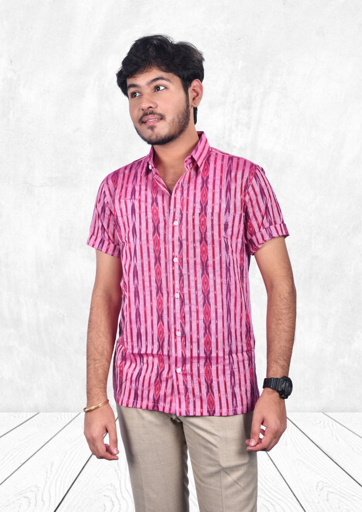 Sambalpuri Handloom Cotton Pink Half-sleeve Shirt for Men